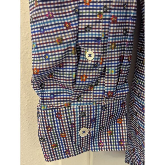 Bugatchi Mens Classic Fit Blue Gingham Shirt With Floral Pattern 100% Cotton Siz - Picture 3 of 7